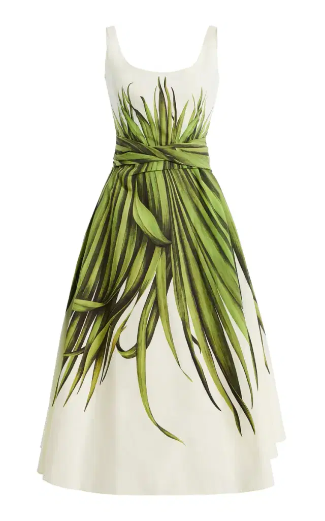 Palm Leaves Cotton-Poplin Midi Dress