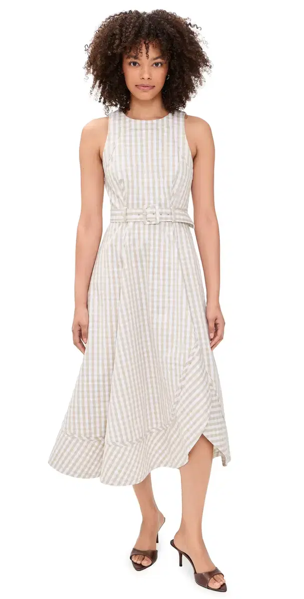 Cinq à Sept Zelda Gingham Denim Midi Dress Khaki/White
