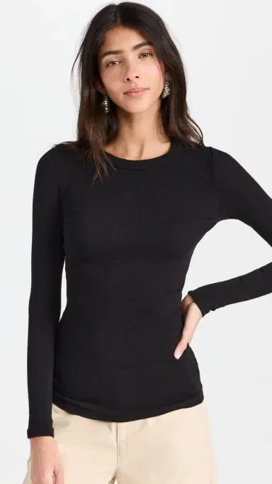 ENZA COSTA Textured Rib ong Sleeve Crew Tee Black | Thumbnail 2