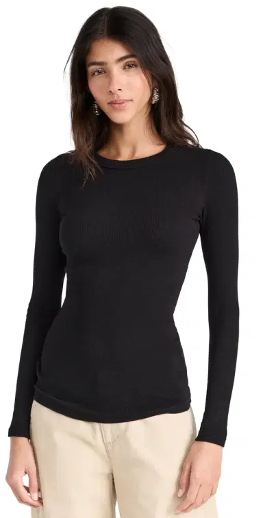 ENZA COSTA Textured Rib ong Sleeve Crew Tee Black | Thumbnail 1