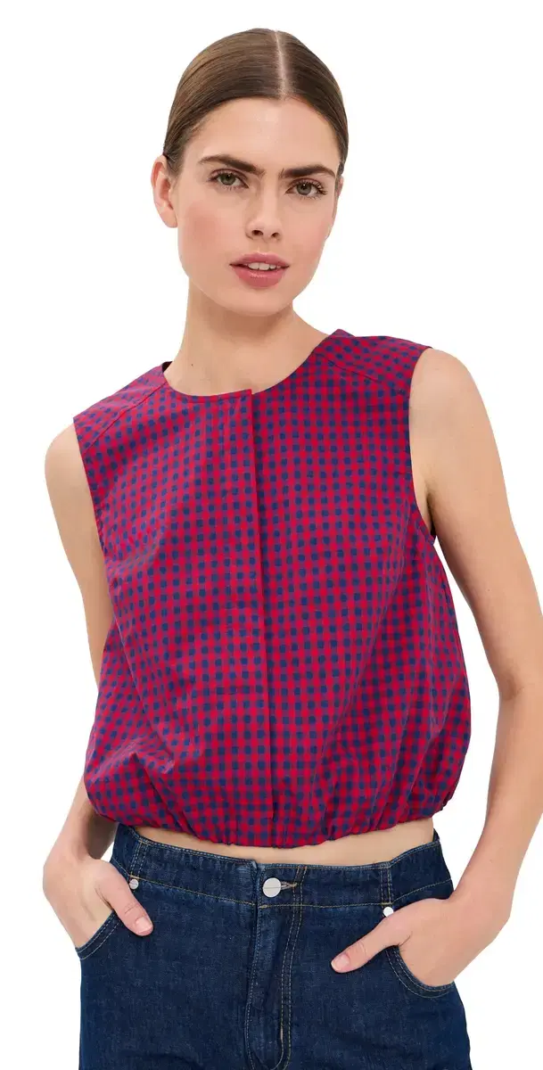Sleeveless Button Down Top Scarlet idnight Gingham