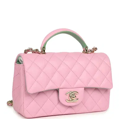 Chanel Chanel Mini Rectangular Flap Bag with Top Handle Pink and Green Lambskin Light Gold Hardware | Thumbnail 2 Chanel Chanel Mini Rectangular Flap Bag with Top Handle Pink and Green Lambskin Light Gold Hardware | Thumbnail 2