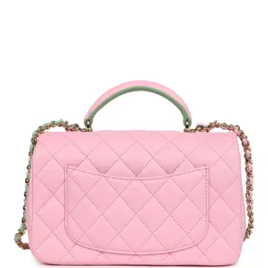 Chanel Chanel Mini Rectangular Flap Bag with Top Handle Pink and Green Lambskin Light Gold Hardware | Thumbnail 4 Chanel Chanel Mini Rectangular Flap Bag with Top Handle Pink and Green Lambskin Light Gold Hardware | Thumbnail 4