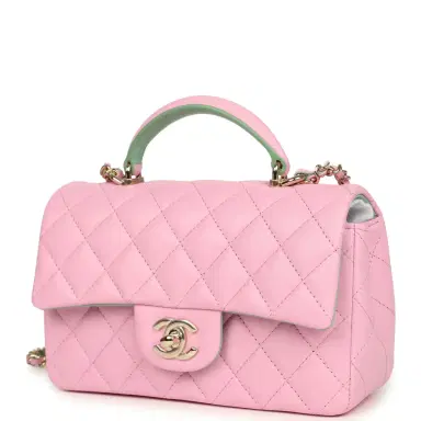 Chanel Chanel Mini Rectangular Flap Bag with Top Handle Pink and Green Lambskin Light Gold Hardware | Thumbnail 5 Chanel Chanel Mini Rectangular Flap Bag with Top Handle Pink and Green Lambskin Light Gold Hardware | Thumbnail 5