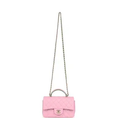 Chanel Chanel Mini Rectangular Flap Bag with Top Handle Pink and Green Lambskin Light Gold Hardware | Thumbnail 7 Chanel Chanel Mini Rectangular Flap Bag with Top Handle Pink and Green Lambskin Light Gold Hardware | Thumbnail 7