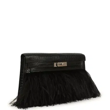 HERMÈS Hermes Kelly Elan Foile Black Matte Porosus Crocodile and Ostrich Feathers Palladium Hardware | Thumbnail 2 HERMÈS Hermes Kelly Elan Foile Black Matte Porosus Crocodile and Ostrich Feathers Palladium Hardware | Thumbnail 2