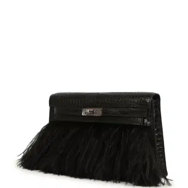 HERMÈS Hermes Kelly Elan Foile Black Matte Porosus Crocodile and Ostrich Feathers Palladium Hardware | Thumbnail 5 HERMÈS Hermes Kelly Elan Foile Black Matte Porosus Crocodile and Ostrich Feathers Palladium Hardware | Thumbnail 5