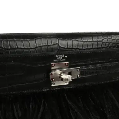 HERMÈS Hermes Kelly Elan Foile Black Matte Porosus Crocodile and Ostrich Feathers Palladium Hardware | Thumbnail 7 HERMÈS Hermes Kelly Elan Foile Black Matte Porosus Crocodile and Ostrich Feathers Palladium Hardware | Thumbnail 7