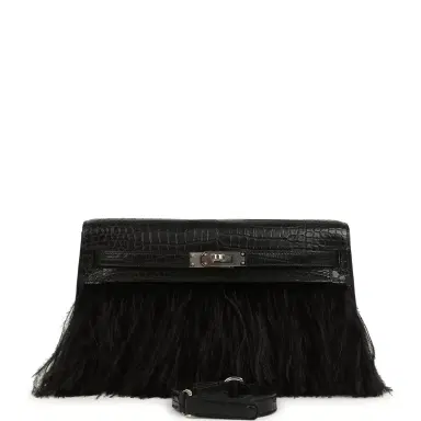 HERMÈS Hermes Kelly Elan Foile Black Matte Porosus Crocodile and Ostrich Feathers Palladium Hardware | Thumbnail 1 HERMÈS Hermes Kelly Elan Foile Black Matte Porosus Crocodile and Ostrich Feathers Palladium Hardware | Thumbnail 1