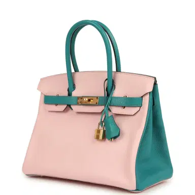 HERMÈS Pre-owned Hermes Special Order (HSS) Birkin 30 Rose Sakura and Bleu Paon Chevre Mysore Gold Hardware | Thumbnail 5 HERMÈS Pre-owned Hermes Special Order (HSS) Birkin 30 Rose Sakura and Bleu Paon Chevre Mysore Gold Hardware | Thumbnail 5