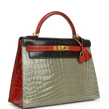 HERMÈS Pre-owned Hermes Special Order (HSS) Kelly Sellier 32 Graphite, Gris Tourterelle and Geranium Shiny Niloticus Crocodile Brushed Gold Hardware | Thumbnail 2 HERMÈS Pre-owned Hermes Special Order (HSS) Kelly Sellier 32 Graphite, Gris Tourterelle and Geranium Shiny Niloticus Crocodile Brushed Gold Hardware | Thumbnail 2