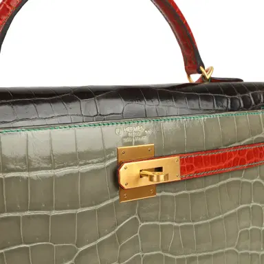 HERMÈS Pre-owned Hermes Special Order (HSS) Kelly Sellier 32 Graphite, Gris Tourterelle and Geranium Shiny Niloticus Crocodile Brushed Gold Hardware | Thumbnail 7 HERMÈS Pre-owned Hermes Special Order (HSS) Kelly Sellier 32 Graphite, Gris Tourterelle and Geranium Shiny Niloticus Crocodile Brushed Gold Hardware | Thumbnail 7