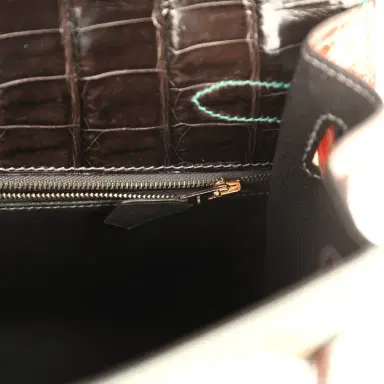 HERMÈS Pre-owned Hermes Special Order (HSS) Kelly Sellier 32 Graphite, Gris Tourterelle and Geranium Shiny Niloticus Crocodile Brushed Gold Hardware | Thumbnail 9 HERMÈS Pre-owned Hermes Special Order (HSS) Kelly Sellier 32 Graphite, Gris Tourterelle and Geranium Shiny Niloticus Crocodile Brushed Gold Hardware | Thumbnail 9