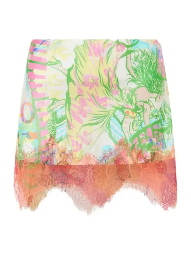 Donde Esteban Sonido Bestial Lace-trimmed Printed Satin Mini Skirt