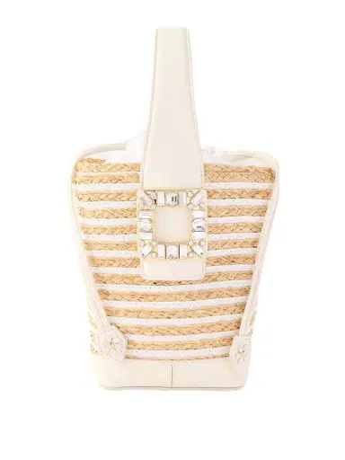 Roger Vivier Viv' Skate Embellished Leather-trimmed Striped Woven Raffia Clutch | Thumbnail 1 Roger Vivier Viv' Skate Embellished Leather-trimmed Striped Woven Raffia Clutch | Thumbnail 1