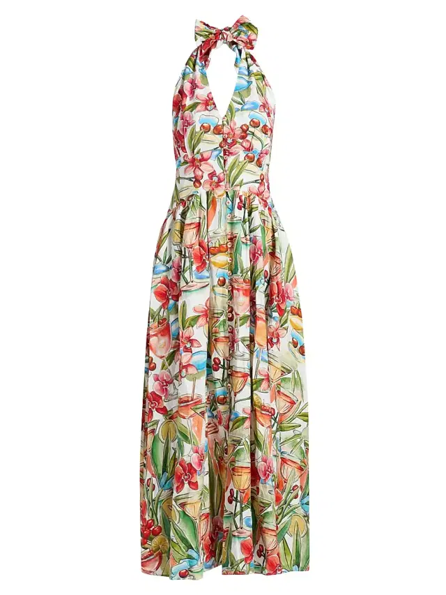 Women's Cocktail-Print Halterneck Maxi Dress - Off White