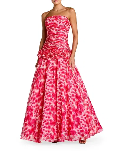 Mac Duggal Women's Floral Chiffon Strapless Gown - Grapefruit Multi - Size 12 | Thumbnail 1 Mac Duggal Women's Floral Chiffon Strapless Gown - Grapefruit Multi - Size 12 | Thumbnail 1