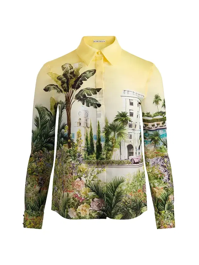 Women's Willa Staceface Silk Button-Front Shirt - Pure Paradise