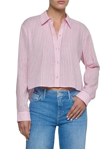L'AGENCE Women's Cosette Striped Cotton Crop Shirt - Cameo Pink  Stripe | Thumbnail 3