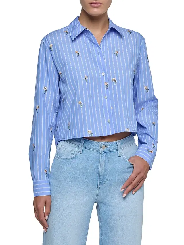 L'AGENCE Women's Cosette Sequin-Embellished Cropped Shirt - Blue Stripe Sequin Flower