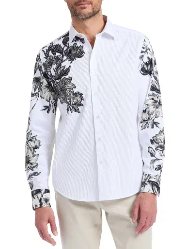 Robert Graham Men's Le Striped Floral Cotton Shirt - White - Size XL | Thumbnail 4