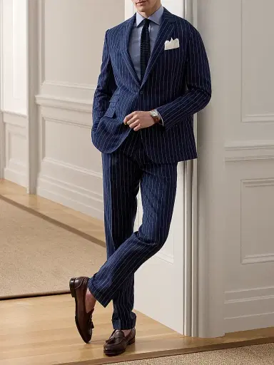 Ralph Lauren Purple Label Men's Gregory Striped Hand-Tailored Trousers - Bright Navy Cream | Thumbnail 5