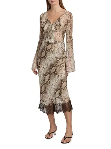 Ronny Kobo Women's Briva Snakeskin-Print Silk Midi-Skirt - Snake Print Natural | Thumbnail 2