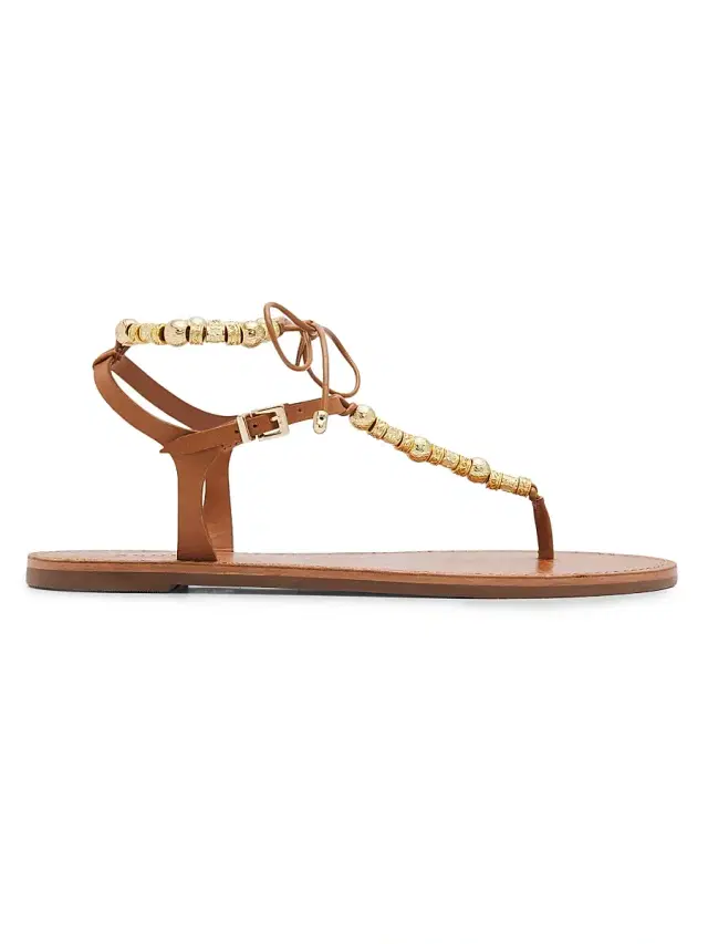 Schutz Women's Nia Beaded Leather T-Strap Sandals - Burnet Honey