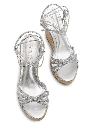 Schutz Women's Adele 95MM Leather Ankle-Wrap Wedge Sandals - Silver | Thumbnail 4