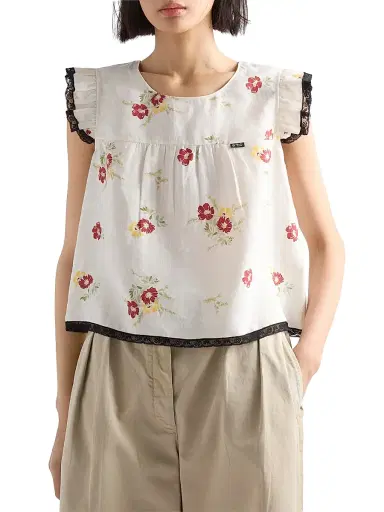 Prada Women's Linen Top with Floral Motif - Red - Size 6 | Thumbnail 3