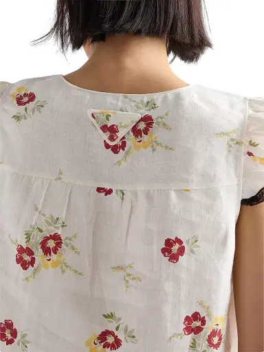 Prada Women's Linen Top with Floral Motif - Red - Size 6 | Thumbnail 5