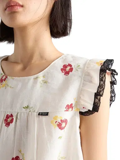 Prada Women's Linen Top with Floral Motif - Red - Size 6 | Thumbnail 6
