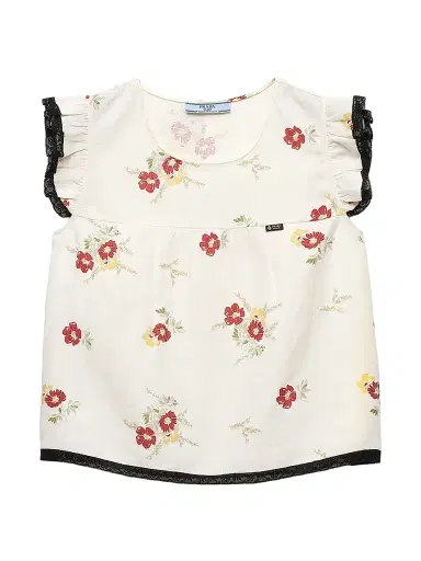 Prada Women's Linen Top with Floral Motif - Red - Size 6 | Thumbnail 1