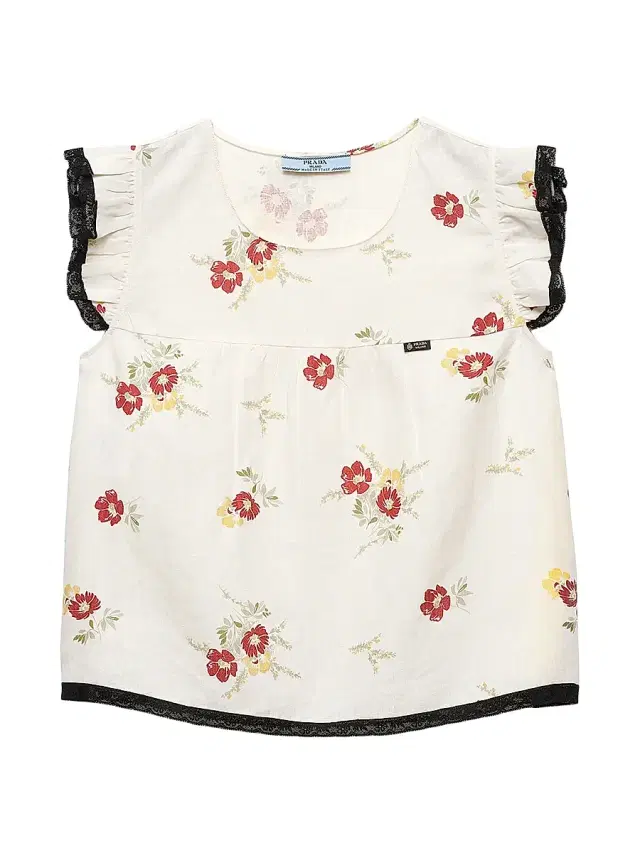 Prada Women's Linen Top with Floral Motif - Red