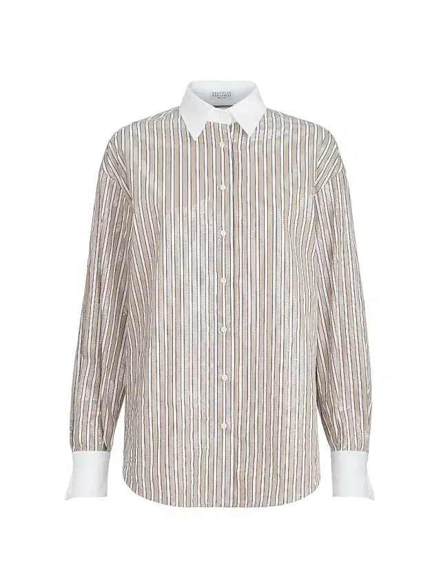 Brunello Cucinelli Women's Dazzling Stripes Shirt in Cotton Poplin - Beige