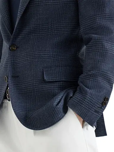 Brunello Cucinelli Men's Wool, Silk and Linen Prince of Wales Deconstructed Blazer - Denim - Size 44 | Thumbnail 4