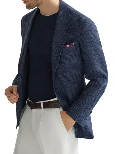 Brunello Cucinelli Men's Wool, Silk and Linen Prince of Wales Deconstructed Blazer - Denim - Size 44 | Thumbnail 5
