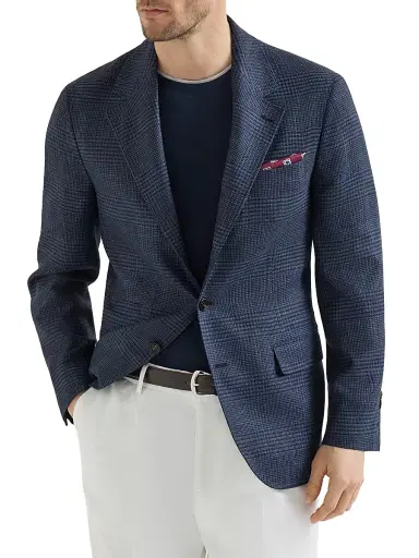 Brunello Cucinelli Men's Wool, Silk and Linen Prince of Wales Deconstructed Blazer - Denim - Size 44 | Thumbnail 1