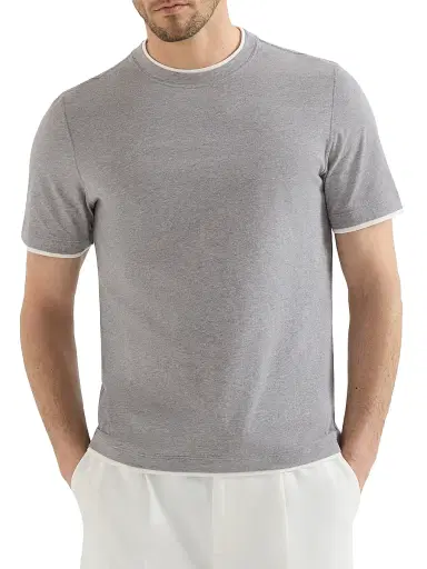 Brunello Cucinelli Men's Cotton Jersey Crewneck T-Shirt with Faux Layering - Grey - Size XXXXL | Thumbnail 2