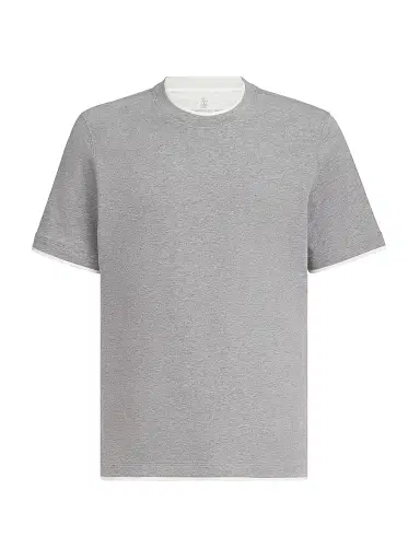 Brunello Cucinelli Men's Cotton Jersey Crewneck T-Shirt with Faux Layering - Grey - Size XXXXL | Thumbnail 1
