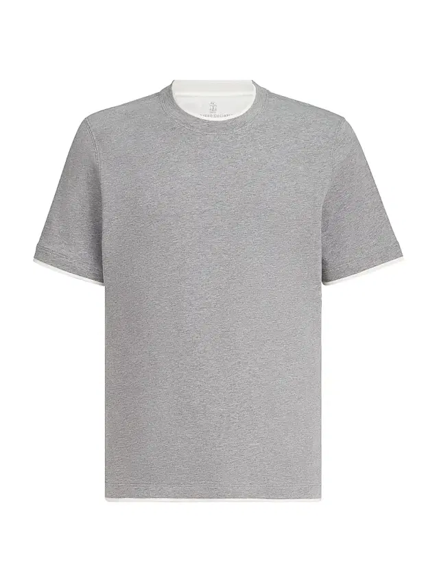 Brunello Cucinelli Men's Cotton Jersey Crewneck T-Shirt with Faux Layering - Grey