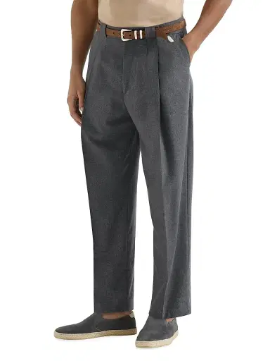 Brunello Cucinelli Men's Virgin Wool, Cotton and Silk Mouliné Trousers with Pleats - Anthracite - Size 48 | Thumbnail 2 Brunello Cucinelli Men's Virgin Wool, Cotton and Silk Mouliné Trousers with Pleats - Anthracite - Size 48 | Thumbnail 2