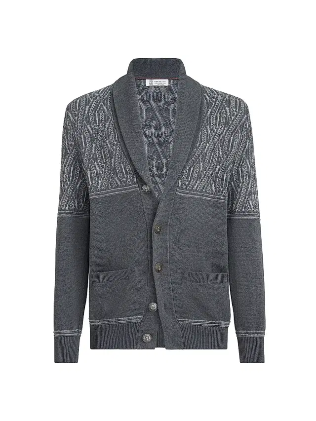 Men's Cotton Shawl Collar Cardigan with Jacquard Cable Shoulder - Medium Grey