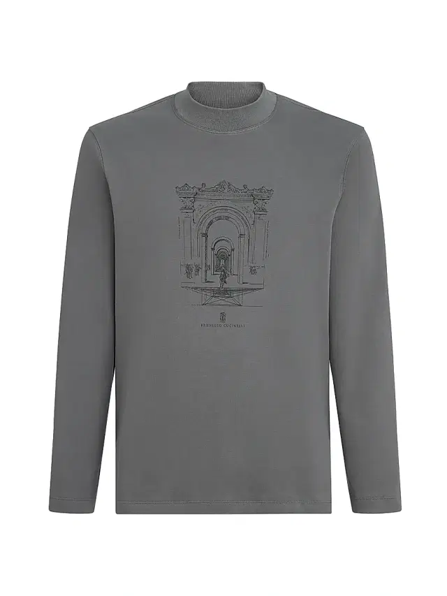 Men's Cotton Interlock Long Sleeve T-Shirt with Mock Neck and Print - Medium Grey