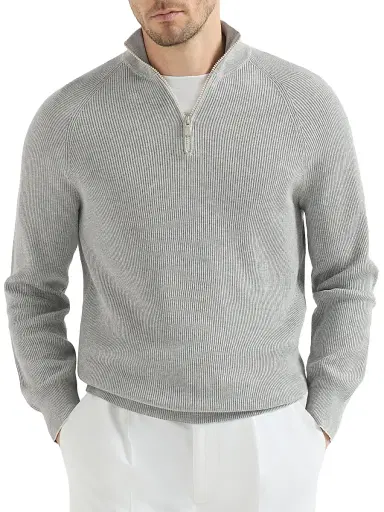 Brunello Cucinelli Men's Cotton English Rib Sweater with Half Zip - Light Grey - Size 34 | Thumbnail 2