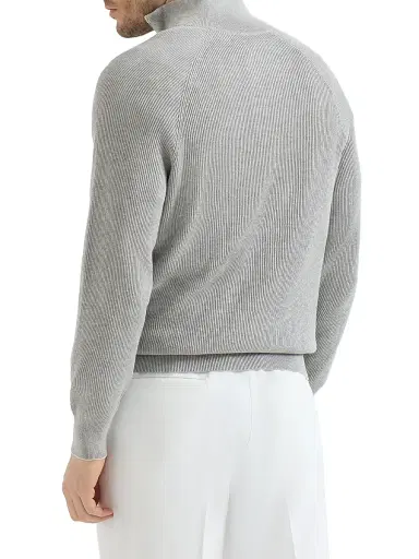Brunello Cucinelli Men's Cotton English Rib Sweater with Half Zip - Light Grey - Size 34 | Thumbnail 3