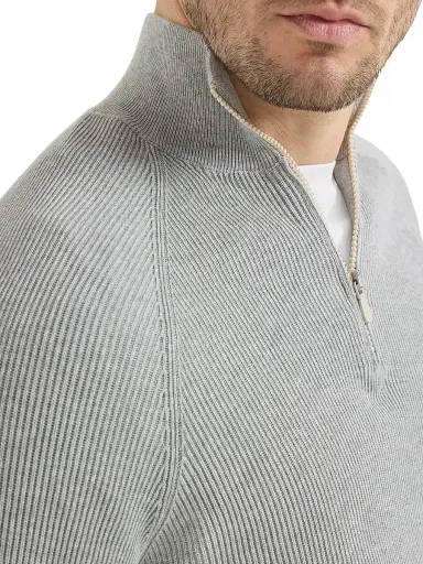 Brunello Cucinelli Men's Cotton English Rib Sweater with Half Zip - Light Grey - Size 34 | Thumbnail 4