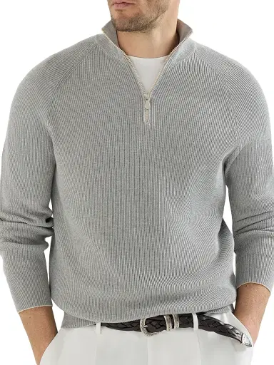 Brunello Cucinelli Men's Cotton English Rib Sweater with Half Zip - Light Grey - Size 34 | Thumbnail 5