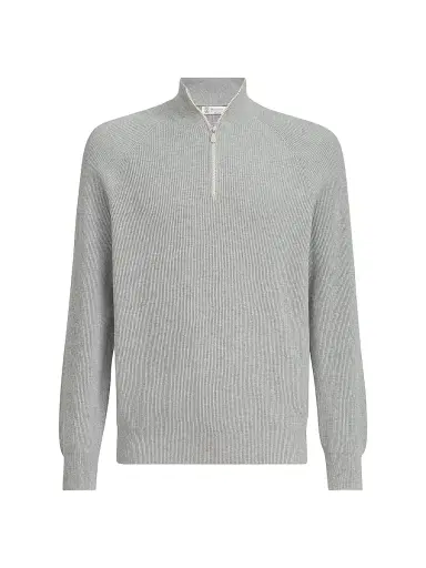 Brunello Cucinelli Men's Cotton English Rib Sweater with Half Zip - Light Grey - Size 34 | Thumbnail 1