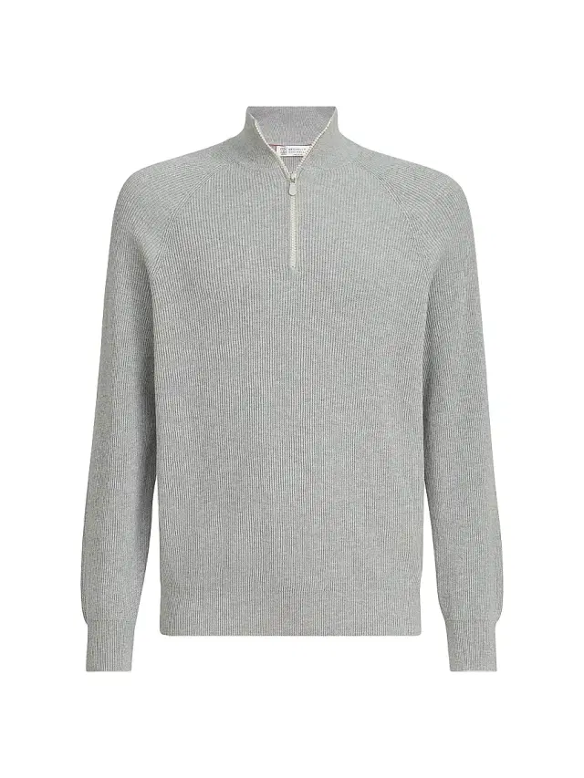 Brunello Cucinelli Men's Cotton English Rib Sweater with Half Zip - Light Grey